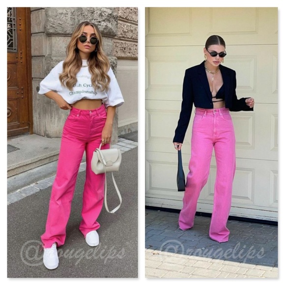 90s Style Pink Wide Leg Jeans High Waist Raw Hem - Picture 8 of 14